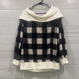 White Birch Off-Shoulder Plaid Sweater - Black and Cream